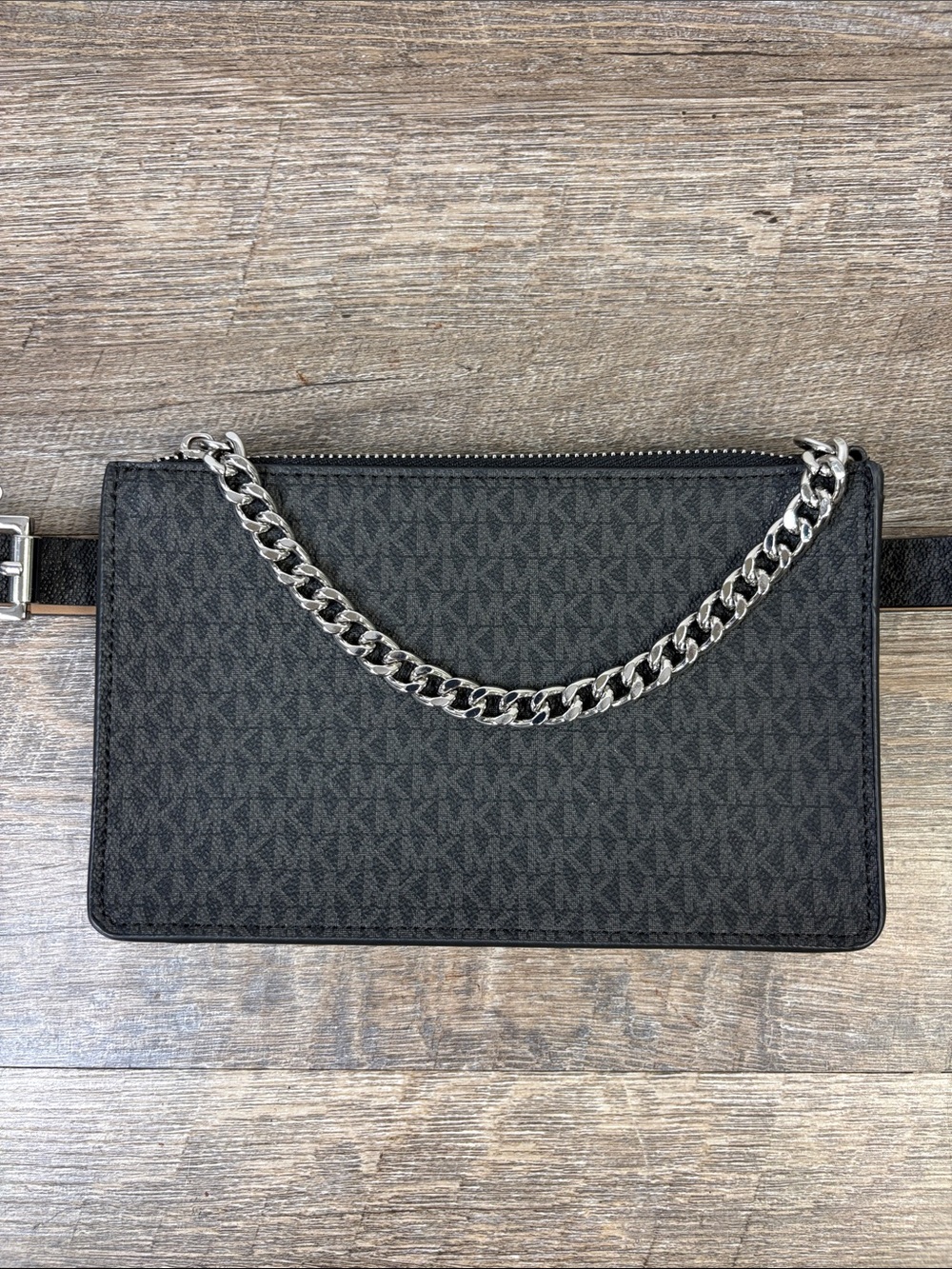 Michael Kors Signature Logo Belt Bag Black Silver Chain Accent